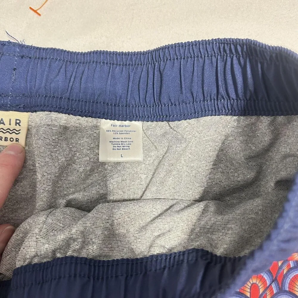 Fair Harbor Swim Shorts Mens Large Blue Geometric Print Lined Elastic Waist
